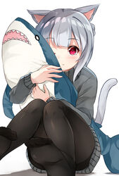  ;) animal_ears black_pantyhose blush cat_ears cat_girl cat_tail closed_mouth commentary_request convenient_leg female grey_sweater highres hugging_object ikea_shark long_sleeves looking_at_viewer no_shoes one_eye_closed original pantyhose red_eyes simple_background sitting smile soles solo sora_(silent_square) stuffed_animal stuffed_shark stuffed_toy sweater tail tail_raised thighband_pantyhose tsugumi-chan_(sora) white_background 