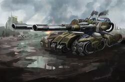  apocalypse_tank_(red_alert_3) bad_id bad_pixiv_id caterpillar_tracks cloud command_&amp;_conquer command_&amp;_conquer:_red_alert_3 commentary_request day hammer_and_sickle highres huojian_fasheche military military_vehicle motor_vehicle no_humans photoshop_(medium) ruins sky smoke tank vehicle_focus 