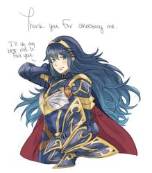  armor blue_armor blue_eyes blue_hair cape commentary english_commentary english_text female fire_emblem fire_emblem_awakening fire_emblem_heroes krazehkai long_hair looking_at_viewer lucina_(brave_princess)_(fire_emblem) lucina_(fire_emblem) smile solo tiara white_background 