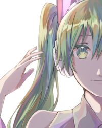  bare_shoulders commentary_request female green_eyes green_hair grey_shirt hatsune_miku headphones hikari50503 long_hair looking_at_viewer portrait shield shirt simple_background sleeveless sleeveless_shirt solo twintails vocaloid white_background 