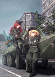  2girls against_vehicle aiguillette armored_personnel_carrier armored_vehicle assault_rifle belt black_footwear black_headwear black_necktie blonde_hair blue_eyes blue_sky boots braid btr-70 building buttons city clear_sky closed_mouth collar_tabs collared_shirt commentary_request crossed_arms cuff_title dagger day east_german east_german_flag full_body germany gloves green_headwear green_jacket green_pants gun gun_sling hat headlight highres holding holding_gun holding_weapon jacket kalashnikov_rifle karo-chan knee_boots knife lapels leaning long_hair long_sleeves looking_at_viewer military military_hat military_jacket military_uniform military_vehicle motor_vehicle mpi-km multiple_girls nationale_volksarmee necktie original outdoors pants pants_tucked_in peaked_cap pink_eyes red_eyes red_hair rifle road roundel rust scratched_paint scratches sheath sheathed shirt sky smile standing street two-tone_headwear uniform weapon white_belt white_gloves white_shirt window 