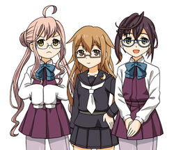  &gt;:( 3girls :d ahoge bow bowtie brown_eyes brown_hair commentary_request double_bun frown glasses green_eyes hair_bun highres hoshino_banchou kantai_collection long_hair looking_at_viewer makigumo_(kancolle) mochizuki_(kancolle) multiple_girls okinami_(kancolle) one_side_up open_mouth pantyhose photoshop_(medium) pink_hair pleated_skirt school_uniform serafuku skirt sleeves_past_fingers sleeves_past_wrists smile trait_connection twintails v-shaped_eyebrows v_arms 