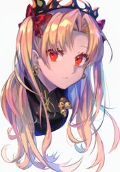  blonde_hair bow commentary cropped_shoulders earrings ereshkigal_(fate) ereshkigal_(third_ascension)_(fate) eyebrows_hidden_by_hair fate/grand_order fate_(series) female floating_hair gold gold_earrings gold_trim hairbow highres hikari50503 jewelry long_hair looking_at_viewer parted_bangs parted_lips portrait red_bow red_eyes simple_background skull skull_ornament solo starry_sky_print tiara two_side_up white_background 