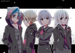  4girls ahoge bad_id bad_pixiv_id black_hair blonde_hair blood blood_stain choker commentary crossed_arms ear_piercing eyepatch grin hand_in_pocket hayasaka_mirei hood hood_down hood_up hooded_jacket hoodie hoshi_syoko idolmaster idolmaster_cinderella_girls jacket koshimizu_sachiko letterboxed light_purple_hair lineup long_sleeves looking_at_viewer multiple_girls open_clothes open_jacket piercing profile shirasaka_koume shirt short_hair smile striped_clothes striped_shirt twitter_username white_hair yadokugaeru 