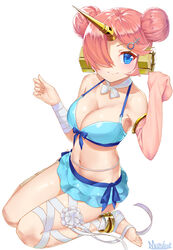  ankle_ribbon artist_name bandaged_leg bandages barefoot bikini bikini_skirt blue_bikini breasts choker cleavage closed_mouth commentary_request double_bun fate/apocrypha fate/grand_order fate_(series) female frankenstein&#039;s_monster_(fate) frankenstein&#039;s_monster_(swimsuit_saber)_(fate) frankenstein&#039;s_monster_(swimsuit_saber)_(second_ascension)_(fate) hair_bun hair_over_one_eye headgear horns leg_ribbon looking_to_the_side marshall_(wahooo) mechanical_horns medium_breasts navel pink_arm_warmers pink_hair ribbon ribbon_choker shiny_skin short_hair simple_background single_horn sitting smile solo strap_gap swimsuit wariza white_background white_ribbon 