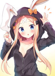  :o abigail_williams_(fate/grand_order) animal_ears animal_hood arm_up bangs black_bow black_hoodie blonde_hair blue_eyes blush bow bunny_ears bunny_hood bunny_pose collarbone crossed_bandaids eyebrows_visible_through_hair fate/grand_order fate_(series) female hairbow hat highres hood hood_up hoodie long_hair long_sleeves looking_at_viewer masayo_(gin_no_ame) open_mouth orange_bow parted_bangs polka_dot polka_dot_bow simple_background sleeves_past_wrists solo upper_body very_long_hair white_background zipper zipper_pull_tab 