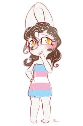  2019 alasou alissa_(alasou) anthro barefoot biped breasts brown_hair digital_media_(artwork) feet female hair lagomorph leporid lgbt_pride mammal multicolored_towel pride_color_towel pride_colors rabbit simple_background solo standing towel transgender_pride_colors white_background yellow_eyes 