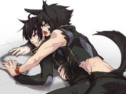  2boys animal_ears annoyed bad_id bad_pixiv_id bare_shoulders black_hair chains commentary_request kaidou_ken kemonomimi_mode licking licking_ear looking_back magami_ryou male_focus mazinger_(series) mazinkaiser_skl midriff mihoka multiple_boys sleeveless spiked_hair studded_bracelet tail thick_eyebrows tile_floor tiles tongue tongue_out torn_clothes waist_hold wolf_boy wolf_ears wolf_tail yaoi 