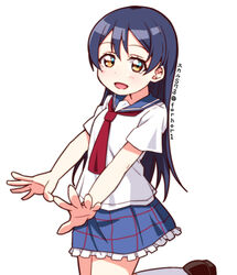  aged_down blue_hair blush commentary_request female hair_between_eyes korean_commentary long_hair looking_at_viewer love_live! love_live!_school_idol_project open_mouth school_uniform serafuku simple_background skull573 smile solo sonoda_umi white_background yellow_eyes 