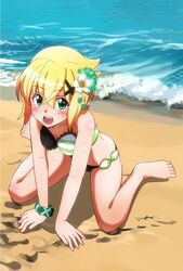  akatsuki_kirika beach bikini blonde_hair blush breasts commentary_request day female flower frilled_bikini frills green_eyes hair_flower hair_ornament looking_at_viewer medium_breasts ocean open_mouth outdoors sand senki_zesshou_symphogear shiny_skin short_hair side-tie_bikini_bottom sitting smile solo striped_bikini striped_clothes swimsuit wariza water yuu_yuu_(netaeshi58) 