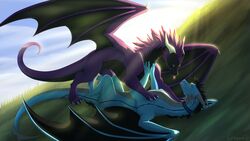  2019 claws day detailed_background digital_media_(artwork) dragon duo european_mythology feral grass green_eyes hair hi_res horn kenox lying membrane_(anatomy) membranous_wings mythological_creature mythological_scalie mythology on_back outside plant purple_hair scalie sky smile tail tongue valkyria_freyja western_dragon wings wrappedvi 