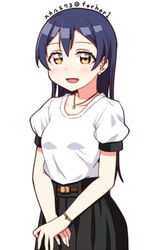  blue_hair blush bracelet commentary_request earrings female hair_between_eyes jewelry korean_commentary long_hair looking_at_viewer love_live! love_live!_school_idol_project necklace open_mouth simple_background skull573 smile solo sonoda_umi white_background yellow_eyes 