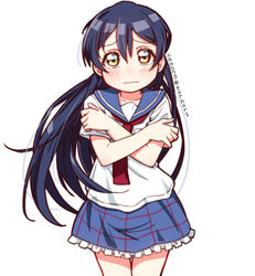  aged_down blue_hair blush commentary_request cowboy_shot female hair_between_eyes korean_commentary long_hair looking_at_viewer love_live! love_live!_school_idol_project school_uniform serafuku simple_background skull573 solo sonoda_umi white_background yellow_eyes 