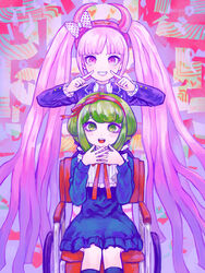  2girls bow commentary_request danganronpa_(series) danganronpa_another_episode:_ultra_despair_girls fake_horns green_eyes green_hair grin hairband hairbow horns long_hair multiple_girls pink_eyes pink_hair sawawa short_hair skirt smile towa_monaca twintails utsugi_kotoko very_long_hair wheelchair 