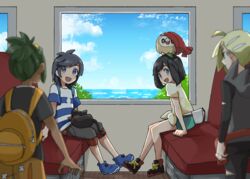  3boys female female_protagonist_(pokemon_sm) gladio_(pokemon) hau_(pokemon) litten male_protagonist_(pokemon_sm) mizuki_(pokemon_sm) multiple_boys pokemon pokemon_(creature) pokemon_(game) pokemon_sm rowlet sleeping tagme train you_(pokemon_sm) 