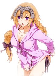  bikini bikini_under_clothes blonde_hair blush braid breasts cleavage clothes_pull commentary_request fate/apocrypha fate_(series) female headpiece hood hoodie jacket jacket_pull jeanne_d&#039;arc_(fate) jeanne_d&#039;arc_(white_cruising)_(fate) large_breasts long_hair open_mouth purple_eyes side-tie_bikini_bottom solo swimsuit thigh_gap vane_(vane0) zipper 