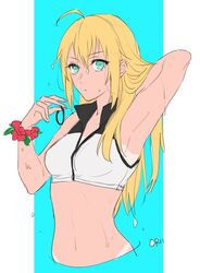  ahoge armpits artoria_pendragon_(all) artoria_pendragon_(swimsuit_archer) bad_id bad_twitter_id banned_artist blonde_hair fate/grand_order fate_(series) green_eyes hair_down long_hair midriff navel orii_(orii_i) partially_submerged solo swimsuit tan tanline upper_body wet 