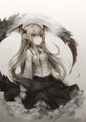  bad_id bad_pixiv_id bat_wings black_skirt blonde_hair collared_shirt commentary_request demon_tail female flower frilled_shirt_collar frilled_skirt frills granblue_fantasy grey_theme gyup hair_between_eyes long_hair long_sleeves pointy_ears red_eyes red_flower red_rose rose shingeki_no_bahamut shirt skirt solo tail vampire vampy white_shirt wings 