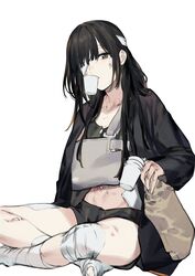  abs alternate_costume arm_sling bandage_over_one_eye bandaged_ankle bandaged_leg bandages black_hair brown_eyes bruise bruise_on_face cup disposable_cup duoyuanjun female field_ration girls&#039;_frontline highres injury jacket jacket_on_shoulders m16a1_(girls&#039;_frontline) shorts solo sprain 