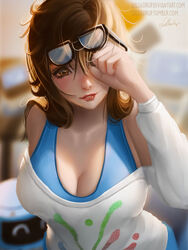  artist_name black-framed_eyewear blue_shirt blurry blurry_background breasts brown_eyes brown_hair cleavage collarbone commentary deviantart_username drone english_commentary eyelashes eyewear_on_head female glasses hair_down highres large_breasts lips lolliedrop long_sleeves looking_at_viewer medium_hair mei_(overwatch) official_alternate_costume overwatch overwatch_1 paid_reward_available pajamei parted_lips print_shirt robot rubbing_eyes sakimichan_(style) shirt signature smile snowball_(overwatch) solo tank_top tumblr_username undershirt upper_body watermark web_address white_shirt 