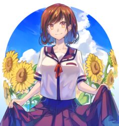  black_sailor_collar blue_sky brown_eyes brown_hair cloud collarbone commentary_request day female flower highres hikari50503 looking_at_viewer neck_ribbon original outdoors pleated_skirt purple_skirt red_ribbon ribbon sailor_collar shirt short_hair short_sleeves skirt skirt_hold sky smile solo standing sunflower white_background white_shirt yellow_flower 