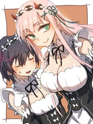  1boy bare_shoulders black_hair blush breasts cleavage closed_eyes collarbone commentary cosplay couple crossdressing darling_in_the_franxx female flower green_eyes hair_flower hair_ornament height_difference herozu_(xxhrd) hiro_(darling_in_the_franxx) horns long_hair looking_at_viewer maid medium_breasts oni_horns pink_hair ram_(re:zero) ram_(re:zero)_(cosplay) re:zero_kara_hajimeru_isekai_seikatsu red_horns rem_(re:zero) rem_(re:zero)_(cosplay) roswaal_mansion_maid_uniform short_hair straight zero_two_(darling_in_the_franxx) 