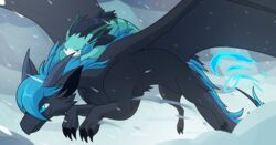  2017 black_body black_fur blitzdrachin blizzard_(weather) claws cold conditional_dnp daenanguis detailed_background digital_media_(artwork) dragon duo feral fire flying fur furred_dragon furred_scalie lamneus male mythological_creature mythological_scalie mythology raolinn scalie snow tail wings 