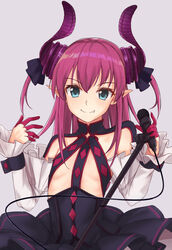  aqua_eyes black_skirt breasts closed_mouth commentary_request detached_sleeves elizabeth_bathory_(fate) elizabeth_bathory_(fate/extra_ccc) elizabeth_bathory_(first_ascension)_(fate) fang_out fate/extra fate/extra_ccc fate_(series) female frilled_skirt frills grey_background highres horns itachi_kanade long_hair looking_at_viewer microphone microphone_stand oerba_yun_fang pink_hair pointy_ears simple_background skirt small_breasts smile solo underboob 