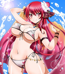  armlet bikini breasts cattleya_(flower_knight_girl) choker commentary_request covered_nipples cowboy_shot female flower flower_knight_girl gradient_sarong hair_flower hair_ornament hair_ribbon highres large_breasts long_hair looking_at_viewer masako_(sabotage-mode) multicolored_sarong orchid photoshop_(medium) red_eyes red_hair ribbon sarong shiny_skin side-tie_bikini_bottom smile solo swimsuit towel unworn_sarong water 