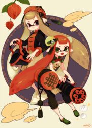  2girls bad_id bad_tumblr_id baozi blonde_hair breasts brown_eyes bucket chinese_clothes cleavage earrings fangs flats food full_body gatling_gun green_eyes gun hat heavy_splatling_(splatoon) highres holding holding_weapon inkling inkling_girl inkling_player_character jewelry long_hair minigun multiple_girls orange_hair pants pointy_ears slosher_(splatoon) small_breasts splatoon_(series) tarochang tentacle_hair weapon 