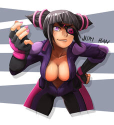  bad_deviantart_id bad_id bankage bent_over black_hair bodysuit breasts center_opening character_name cleavage cropped_legs eyepatch female fingerless_gloves gloves hair_horns hand_on_own_hip juri_han lips medium_breasts no_bra print_eyepatch purple_eyes reaching reaching_towards_viewer solo street_fighter street_fighter_v upper_body 