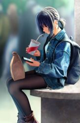  artistic_error backpack bad_id bad_pixiv_id bag black_hair black_pantyhose blurry blurry_background breasts buttons commentary cup denim denim_jacket depth_of_field drinking_straw fashion female highres jacket nashigaya_koyomi original pantyhose paper_bag profile revision short_hair short_ponytail sitting small_breasts solo 