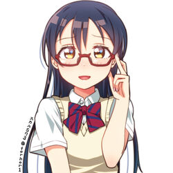  adjusting_eyewear blue_hair blush commentary_request female glasses hair_between_eyes hand_on_eyewear korean_commentary long_hair looking_at_viewer love_live! love_live!_school_idol_project open_mouth otonokizaka_school_uniform school_uniform semi-rimless_eyewear simple_background skull573 smile solo sonoda_umi summer_uniform under-rim_eyewear upper_body white_background yellow_eyes 