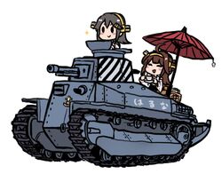  2girls ahoge brown_hair character_name chibi closed_eyes commentary_request cup double_bun grey_hair hair_bun hair_ornament hairclip haruna_(kancolle) headgear holding holding_cup holding_saucer kantai_collection kongou_(kancolle) long_hair military military_vehicle motor_vehicle multiple_girls nontraditional_miko oil-paper_umbrella picnic_basket saucer simple_background sparkle tank teacup terrajin type_89_i-gou umbrella white_background 