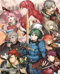  alm_(fire_emblem) apron armor bad_id bad_pixiv_id blonde_hair boey_(fire_emblem) braid breastplate brown_eyes brown_hair cape capelet castle celica_(fire_emblem) circlet dark-skinned_male dark_skin dress eyepatch facial_hair faye_(fire_emblem) fingerless_gloves fire fire_emblem fire_emblem_echoes:_shadows_of_valentia futabaaf gloves green_hair highres jewelry long_hair low-braided_long_hair low-tied_long_hair lukas_(fire_emblem) luthier_(fire_emblem) mae_(fire_emblem) moustache multiple_girls mycen_(fire_emblem) open_mouth pink_hair red_eyes red_hair saber_(fire_emblem) short_hair smile sword tiara twin_braids twintails weapon white_hair 