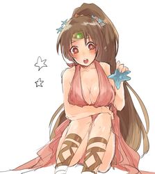  breasts brown_eyes brown_hair circlet cleavage commentary_request female fire_emblem fire_emblem:_mystery_of_the_emblem fire_emblem_heroes highres linde_(fire_emblem) linde_(summer)_(fire_emblem) long_hair matumuraaaa one-piece_swimsuit open_mouth pink_one-piece_swimsuit ponytail simple_background sitting solo starfish swimsuit very_long_hair white_background 