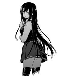  asashio_(kancolle) asashio_kai_ni_(kancolle) bad_id bad_twitter_id breasts buttons collared_shirt commentary_request cowboy_shot dress female greyscale hair_between_eyes kantai_collection lefthand long_hair long_sleeves looking_at_viewer monochrome neck_ribbon open_mouth pinafore_dress ribbon shaded_face shadow shirt simple_background sleeveless sleeveless_dress small_breasts solo thighhighs white_background 