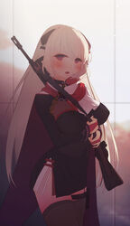  :o absurdres backlighting battle_rifle between_breasts black_dress blonde_hair blush breasts brown_thighhighs cape chinese_commentary commentary_request cross day dress female g3_(girls&#039;_frontline) g3_(mod3)_(girls&#039;_frontline) girls&#039;_frontline gloves gun h&amp;k_g3 hair_between_eyes handgun head_tilt headset highres holding holding_strap holster holstered indoors iron_cross long_hair long_sleeves looking_at_viewer md5_mismatch medium_breasts muike open_mouth partially_fingerless_gloves photoshop_(medium) purple_eyes red_gloves rifle skindentation solo standing thigh_holster thighhighs very_long_hair weapon weapon_on_back white_cape 