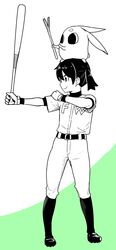  absurdres baseball baseball_bat baseball_uniform commentary female flying_witch gloves hamabe_usagi hand_on_own_shoulder highres ishizuka_chihiro kuramoto_chinatsu official_art simple_background solo sportswear spring_onion suzuki_ichirou undershirt 