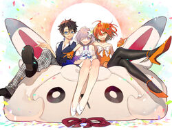  1boy 2girls :d ;d ahoge arm_over_shoulder bare_arms bare_shoulders bespectacled black-framed_eyewear black_footwear black_hair black_pantyhose blue_eyes casual chaldea_logo character_doll collarbone collared_shirt commentary_request confetti crossed_legs dress fate/grand_order fate_(series) flats flower fou_(fate) fujimaru_ritsuka_(female) fujimaru_ritsuka_(female)_(starlight_fest) fujimaru_ritsuka_(male) fujimaru_ritsuka_(male)_(starlight_fest) glasses gloves hair_flower hair_ornament hair_over_one_eye high_heels index_finger_raised loafers looking_at_another looking_at_viewer mash_kyrielight mash_kyrielight_(formal_dress) multiple_girls nozaki_tsubata official_alternate_costume on_lap one_eye_closed one_side_up open_mouth orange_dress orange_eyes orange_flower orange_footwear orange_gloves orange_hair pants pantyhose pink_flower pink_hair plaid plaid_pants purple_eyes sandwiched shirt shoes short_hair sitting smile strapless strapless_dress tube_dress underwear vest white_dress white_flower white_footwear white_shirt 