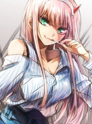  :3 alternate_costume aqua_eyes asymmetrical_clothes bare_shoulders blue_dress blue_shirt breasts candy cleavage collarbone commentary_request darling_in_the_franxx dress female food green_eyes grey_background hairband herozu_(xxhrd) horns long_hair long_sleeves looking_at_viewer mouth_hold pink_hair red_horns shirt smile solo striped_clothes striped_shirt tomatsu_haruka white_hairband zero_two_(darling_in_the_franxx) 