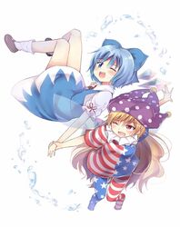  2girls american_flag american_flag_legwear blonde_hair blue_bow blue_dress blue_eyes blue_hair blush bow brown_footwear cirno clownpiece colorized commentary_request daidaiiro dress friends hairbow happy hat highres holding_hands ice ice_wings jester_cap long_hair momoirone multiple_girls neck_ruff one_eye_closed open_mouth outstretched_arm pantyhose playing polka_dot puffy_short_sleeves puffy_sleeves red_ribbon ribbon shoes short_hair short_sleeves simple_background smile socks star_(symbol) star_print striped teeth touhou very_long_hair water water_drop white_background white_legwear wings 