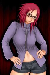  animated animated female glasses hands_on_hips karin_(naruto) naruto naturo_shippuuden navel red_hair sakuradou 