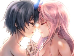  1boy black_hair blue_horns breasts closed_eyes clothed_female_nude_male commentary completely_nude couple darling_in_the_franxx face-to-face facing_another female forehead-to-forehead heads_together herozu_(xxhrd) hiro_(darling_in_the_franxx) holding_hands horns interlocked_fingers long_hair looking_at_another medium_breasts nude oni_horns pink_hair red_horns spoilers straight zero_two_(darling_in_the_franxx) 