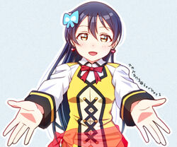  :d blue_hair blush butterfly_hair_ornament commentary_request earrings female hair_between_eyes hair_ornament jewelry korean_commentary long_hair looking_at_viewer love_live! love_live!_school_idol_project love_live!_the_school_idol_movie open_mouth simple_background skull573 smile solo sonoda_umi sunny_day_song yellow_eyes 