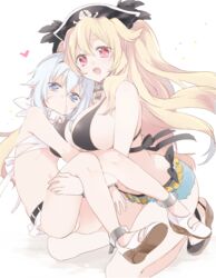  2girls anne_bonny_(fate) anne_bonny_(swimsuit_archer)_(fate) anne_bonny_(swimsuit_archer)_(first_ascension)_(fate) bikini black_bikini blonde_hair blue_eyes blush breasts carrying cleavage commentary_request fate/grand_order fate_(series) hat heart highres large_breasts long_hair looking_at_viewer mary_read_(fate) mary_read_(swimsuit_archer)_(fate) mary_read_(swimsuit_archer)_(first_ascension)_(fate) multiple_girls open_mouth pirate_hat princess_carry red_eyes revision sandals scar short_hair simple_background sino_(sionori) smile swimsuit twintails white_background white_bikini white_hair yuri 