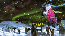  antarctica aqua_hair aurora bird blue_eyes boots camera chinese_commentary coat commentary_request dan_evan female floating_hair goggles goggles_on_head hatsune_miku highres knee_boots long_hair night parka penguin photoshop_(medium) scarf sky snow snow_boots snowing snowscape solo star_(sky) starry_sky tripod twintails very_long_hair video_camera vocaloid 