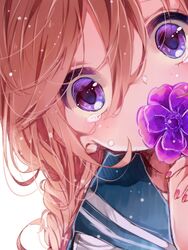  braid commentary_request covering_own_mouth crying female flower hair_between_eyes holding holding_flower light_brown_hair looking_at_viewer nail_polish naoton original pink_nails portrait purple_eyes purple_flower school_uniform serafuku solo tears wide-eyed 