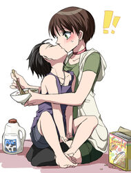  1boy age_difference aged_down billy_coen blush brown_hair cereal cereal_box choker commentary_request female food kissing lolicon myutsusama onee-shota rebecca_chambers resident_evil resident_evil_0 short_hair sitting sitting_on_lap sitting_on_person sleeping straight thighhighs time_paradox 