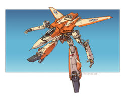  1boy choujikuu_yousai_macross commentary deviantart_username emerson_tung english_commentary fusion gerwalk gradient_background highres machinery macross macross_zero male_focus mecha original photoshop_(medium) pilot pilot_suit radio_antenna redesign robot roundel science_fiction signature solo united_states variable_fighter vf-0 vf-1 vf-1d 